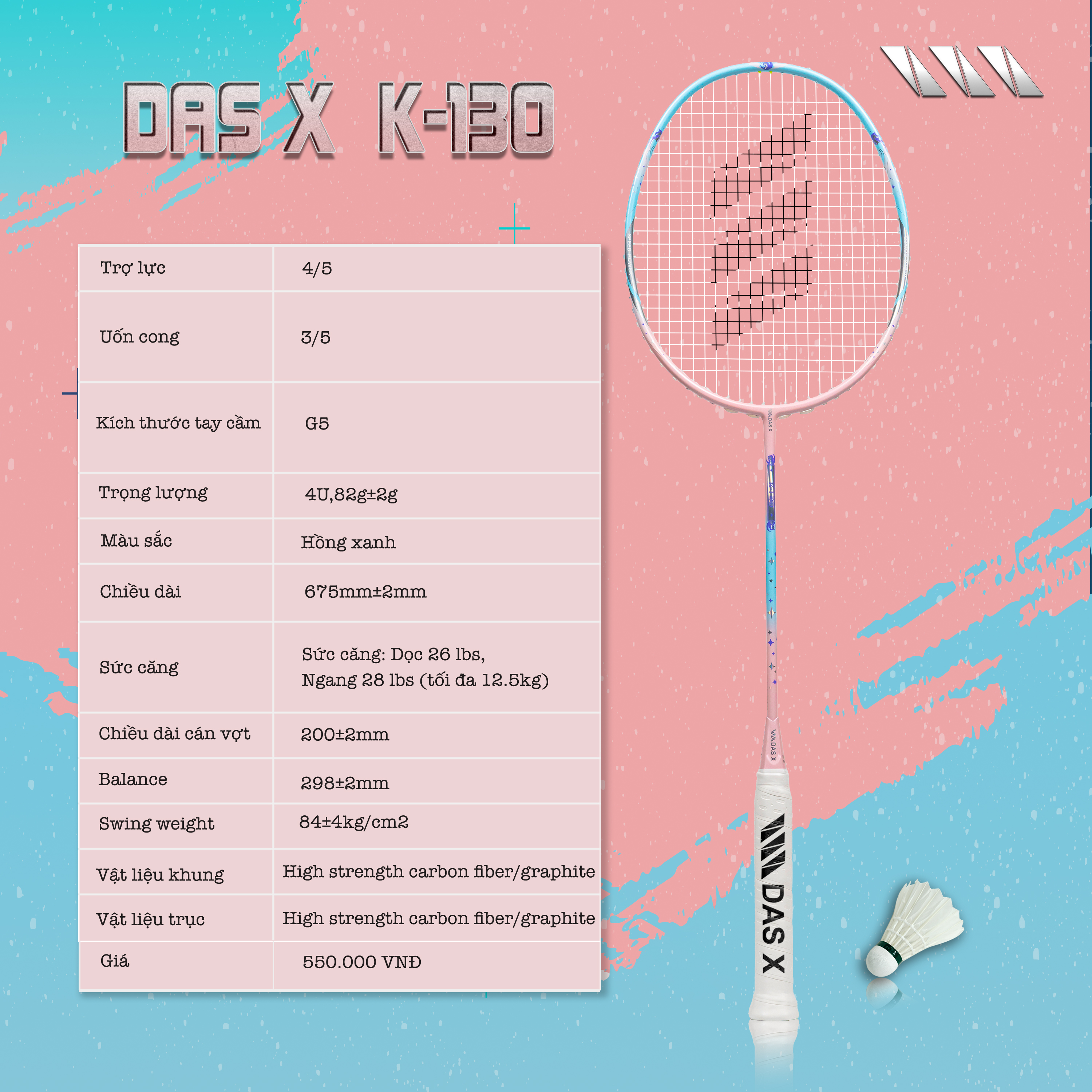 Vợt Cầu Lông DAS X K130 - Hồng xanh