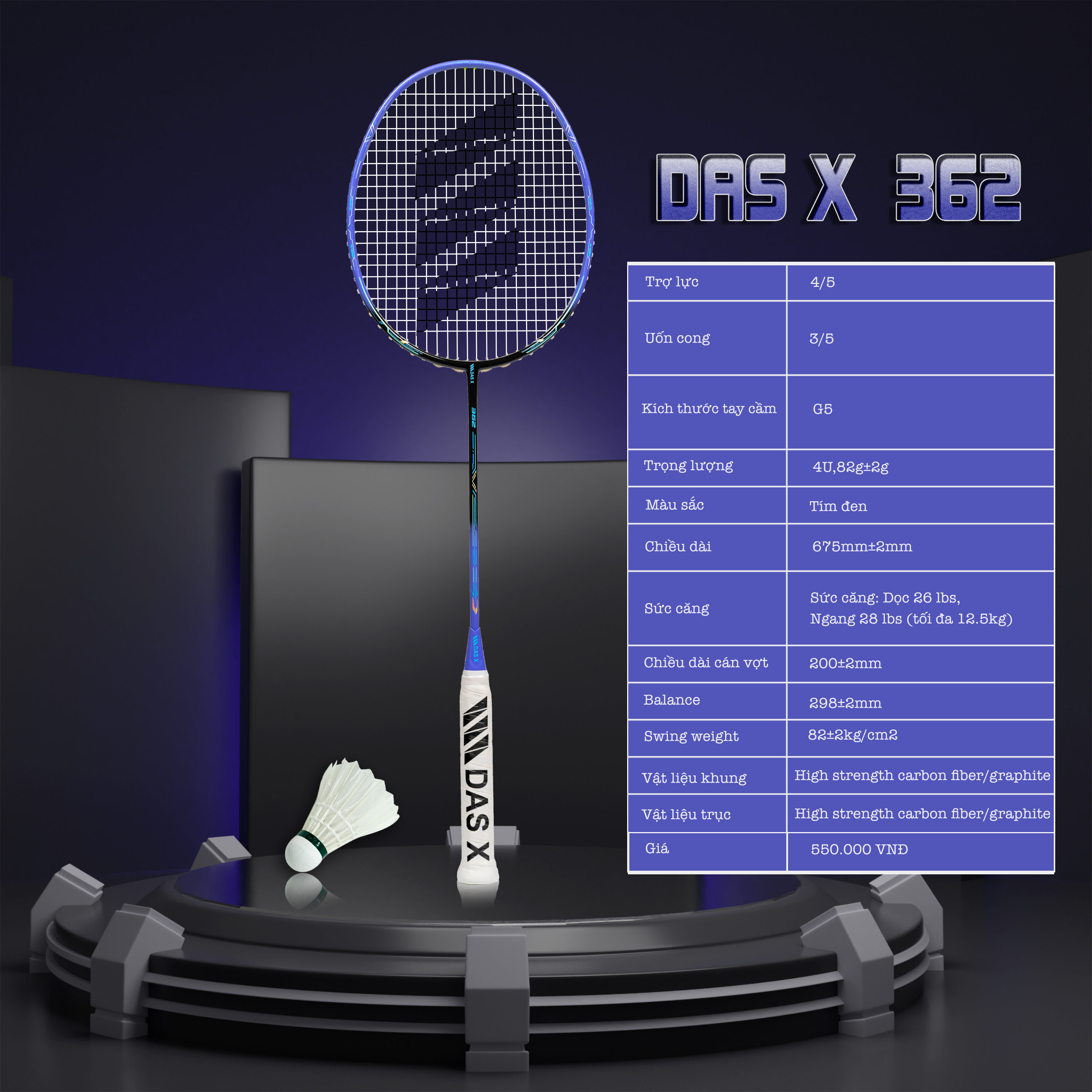 Vợt cầu lông DAS X 362 - Tím đen