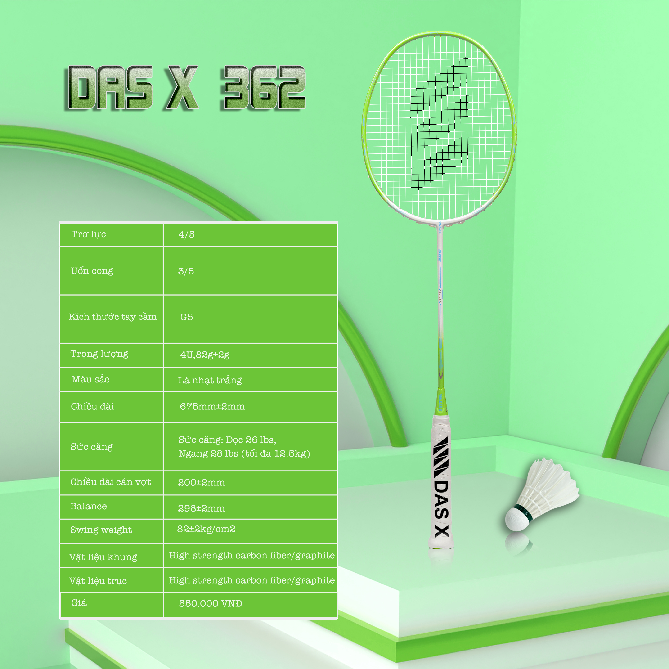 Vợt cầu lông DAS X 362 - Lá nhạt trắng