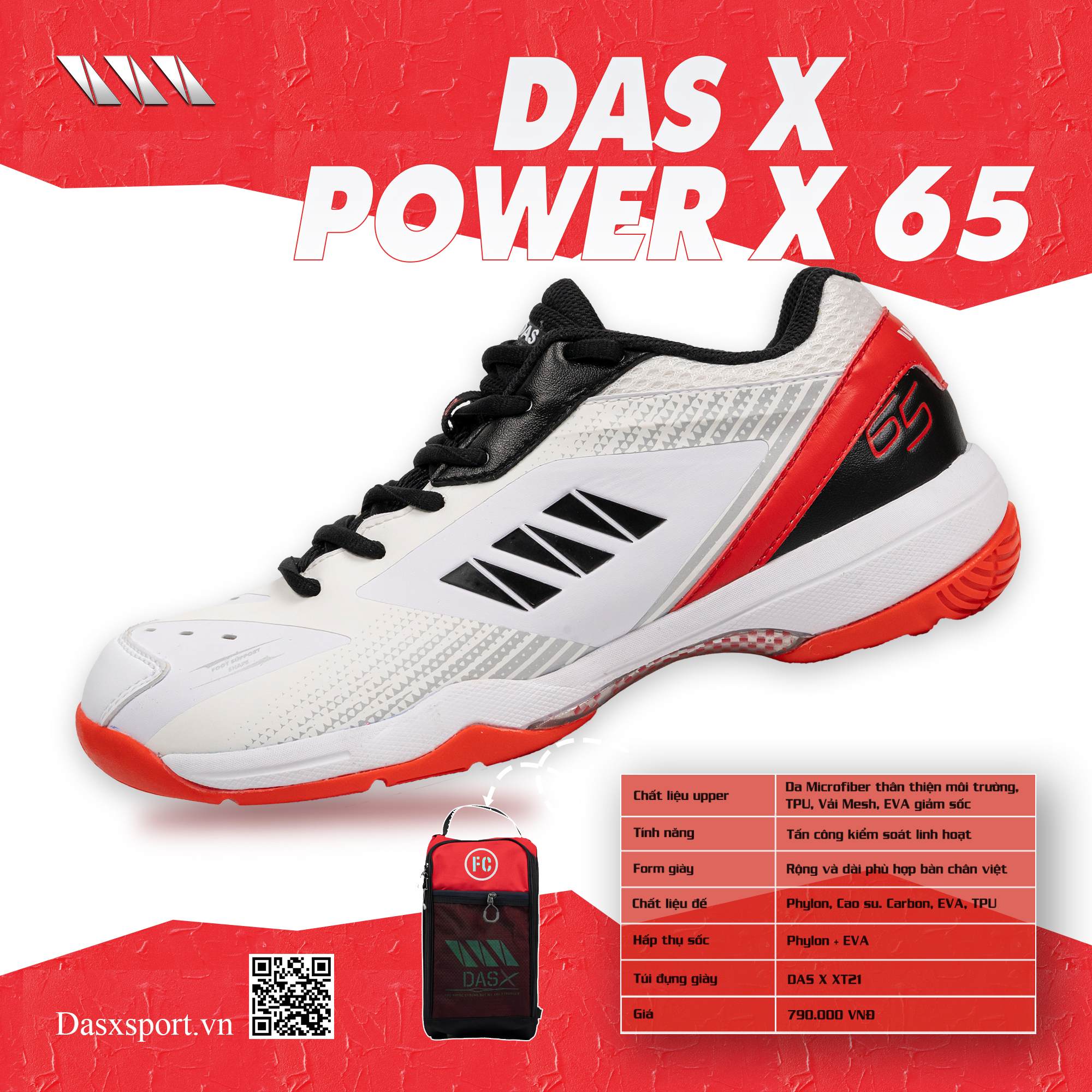 Giày Cầu Lông DAS X POWER X 65 -  Trắng đỏ