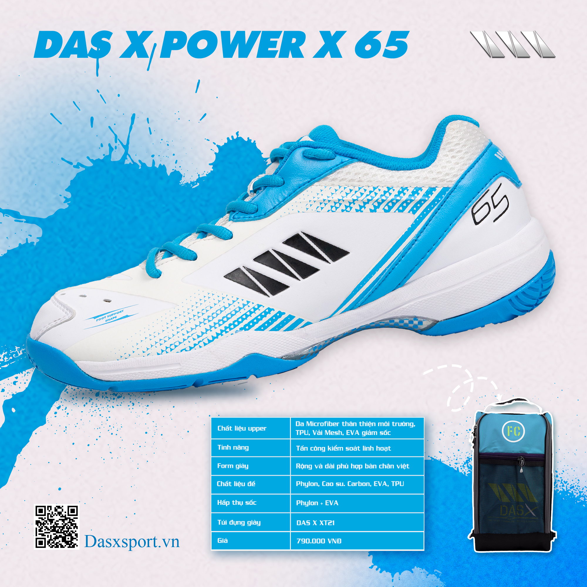 Giày Cầu Lông DAS X POWER X 65 - Trắng xanh
